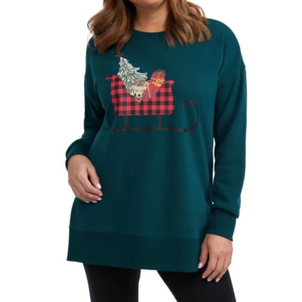 TEDDI ROSE Holiday Pullover Sweatshirt M Green Christmas Sled Sleighride Top NWT